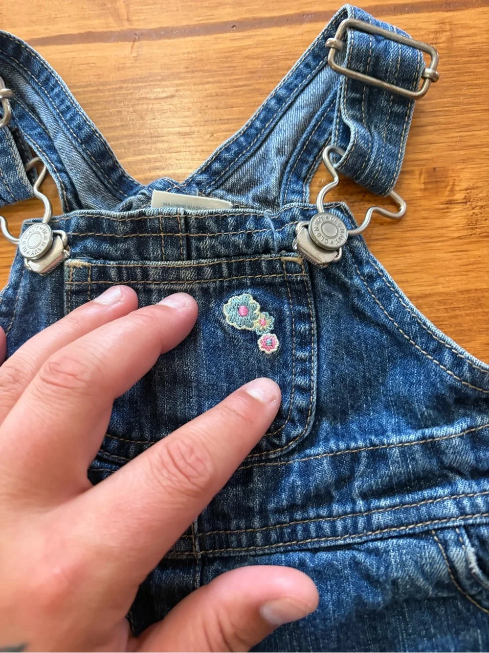 Vintage Y2K Baby Girl Old Navy Denim Distressed Floral Overall Dress Sz 6-12 M